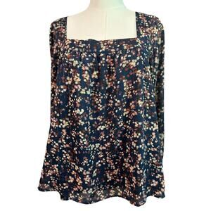 Boden Ditsy Floral Blue Top Size 10 Long Sleeve Square Neck Peasant Boho Chic
